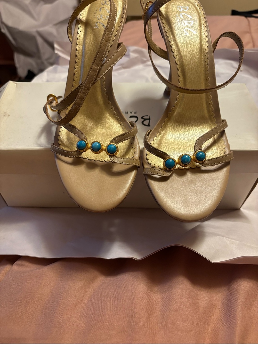 BCBG Beige Strappy Heels with Turquoise Accent Stones